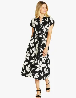 Abstract Bloom Belted Midi Shirt Dress