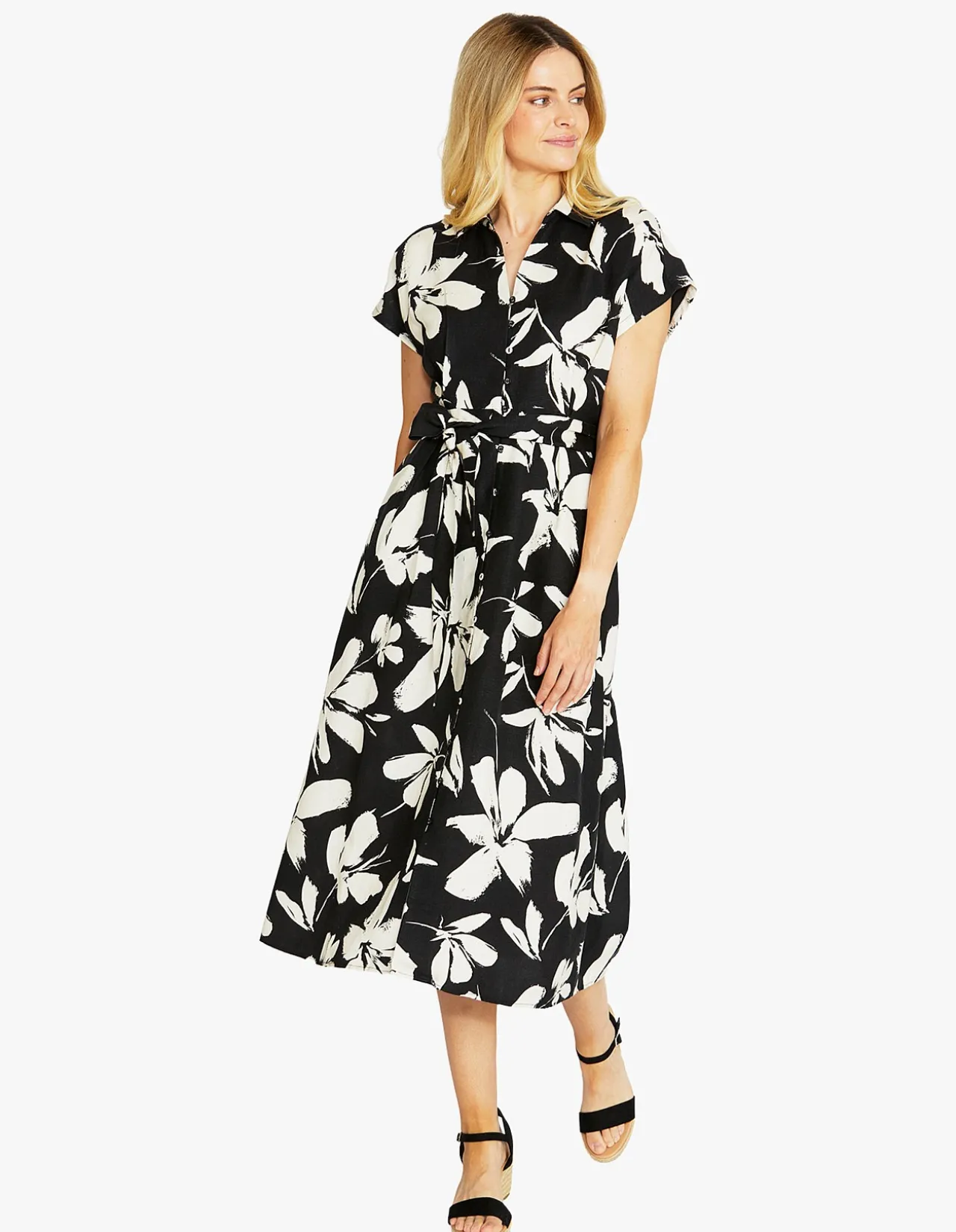 Abstract Bloom Belted Midi Shirt Dress