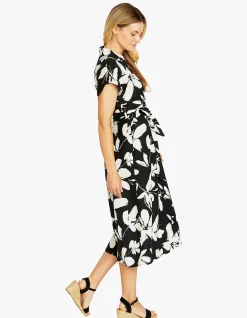 Abstract Bloom Belted Midi Shirt Dress