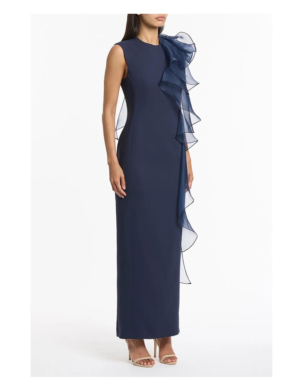 Acetate Crepe Ruffle Shoulder Gown
