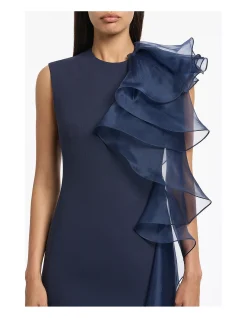 Acetate Crepe Ruffle Shoulder Gown