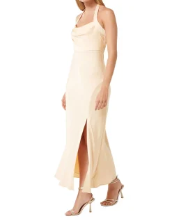 ALICE HALTER NECK SATIN MAXI DRESS