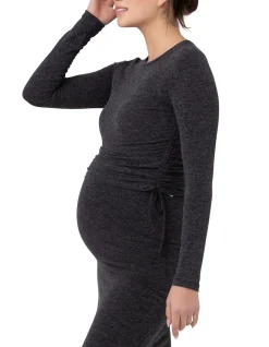Amber Ruched Long Sleeve Top Dark Charcoal