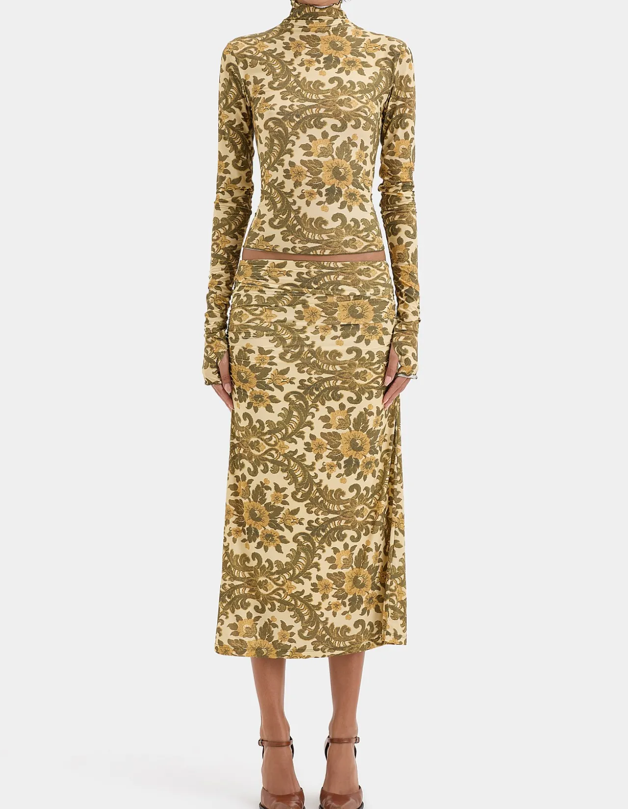 Aventine Ruched Midi Skirt with Side Split