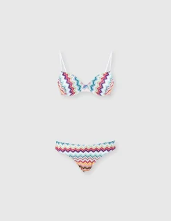 Balcony bikini in lamé viscose with zigzag pixel-effect pattern