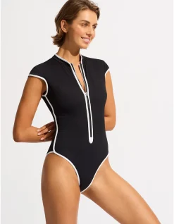 Beach Bound Cap Sleeve Zip Front One Piece
