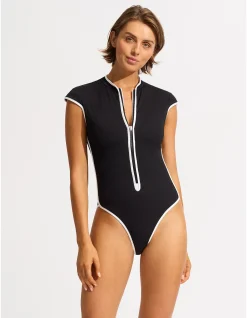 Beach Bound Cap Sleeve Zip Front One Piece