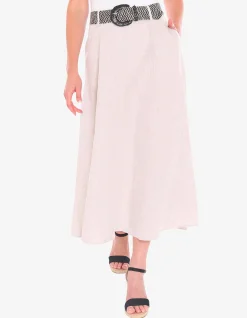 Belted Panel Linen A Line Midi Skirt