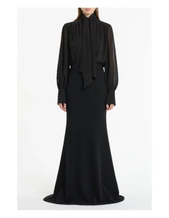 BLACK GEORGETTE BOW FRONT BLOUSE