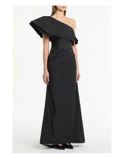 BLACK TAFFETA ASYMMETRIC ONE SHOULDER DRESS