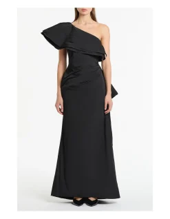 BLACK TAFFETA ASYMMETRIC ONE SHOULDER DRESS