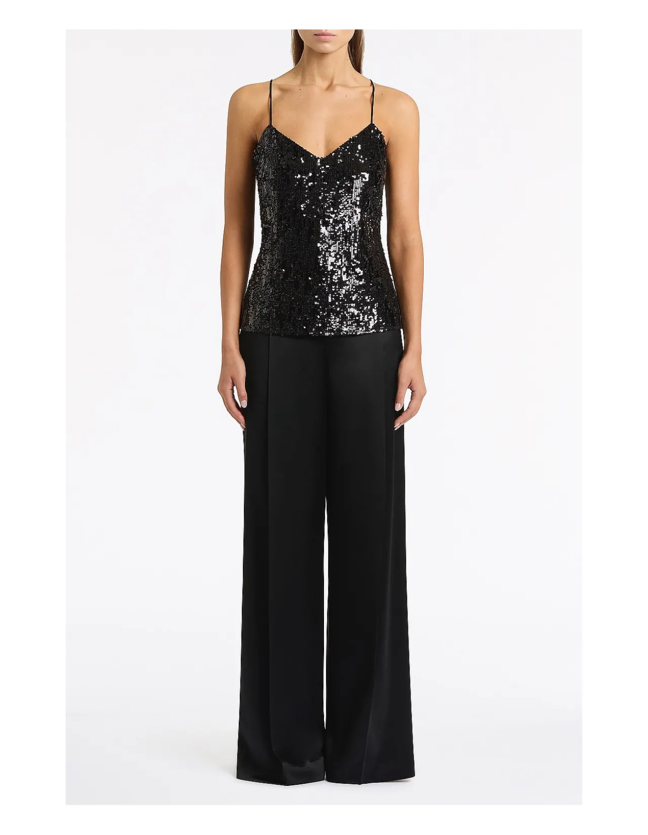 BLACK CASCADE SEQUIN THIN STRAP TOP