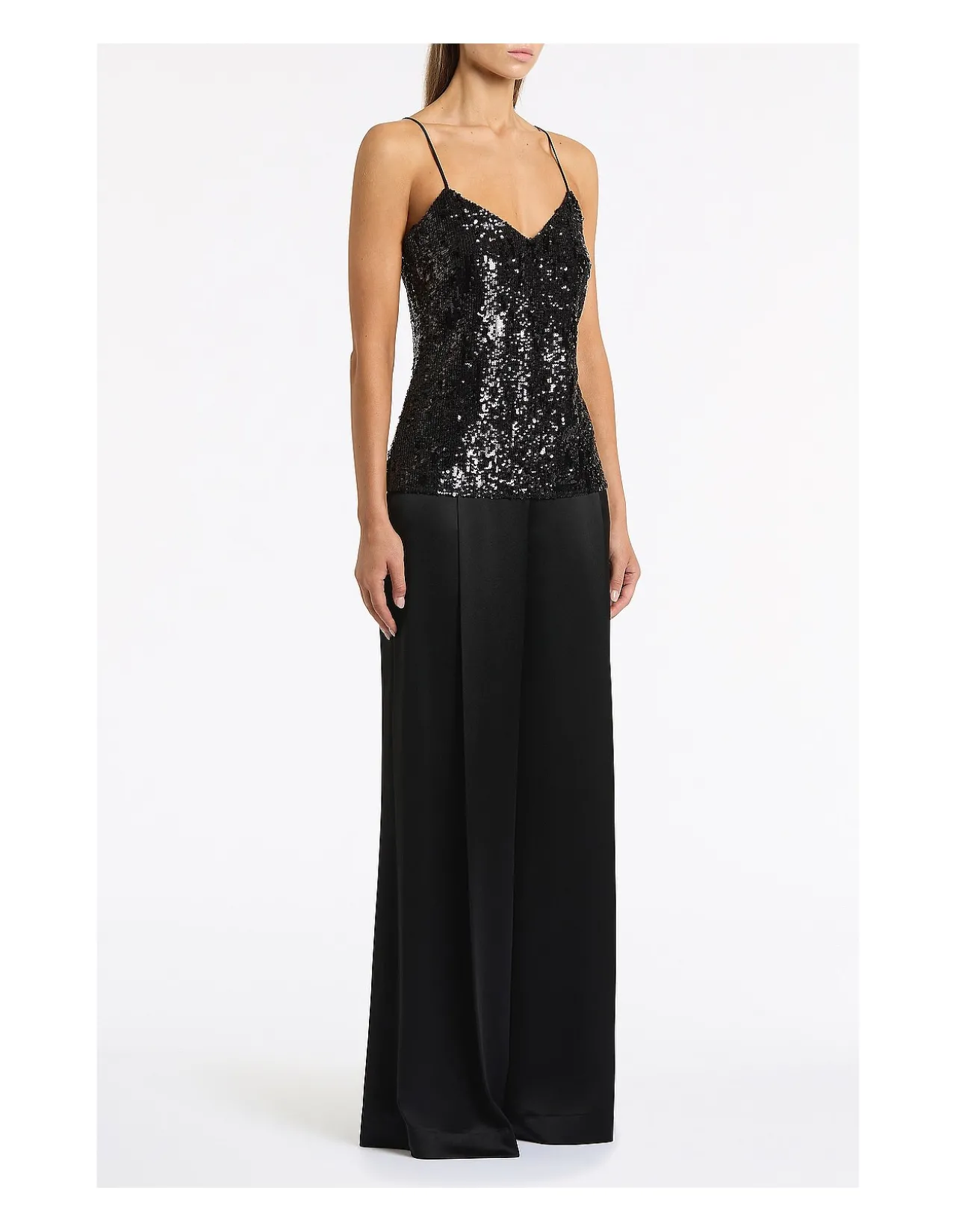 BLACK CASCADE SEQUIN THIN STRAP TOP