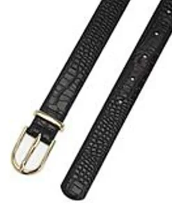 Black Croc Embossed Leather Belt with Matte Gold Buckle