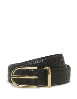 Black Croc Embossed Leather Belt with Matte Gold Buckle