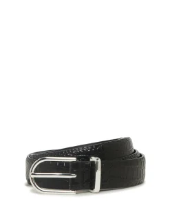 Black Croc Embossed Leather Belt with Silver Buckle