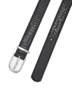 Black Croc Embossed Leather Belt with Silver Buckle