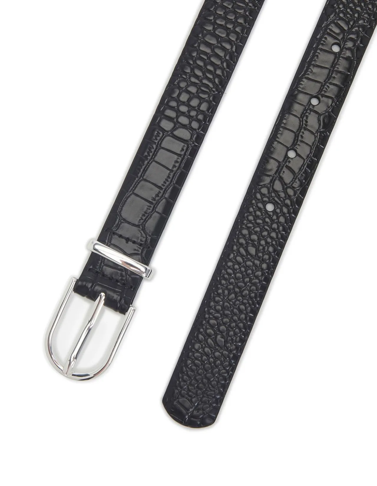 Black Croc Embossed Leather Belt with Silver Buckle