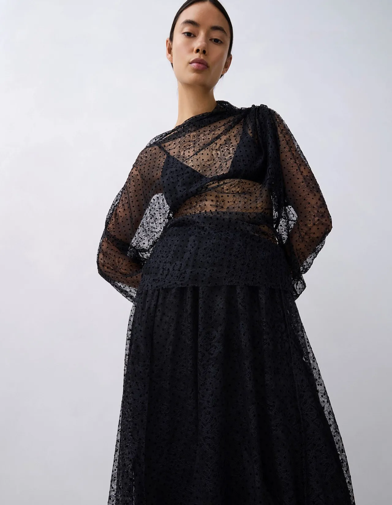 BLACK SPOT LACE DECODE LONG SLEEVE TOP