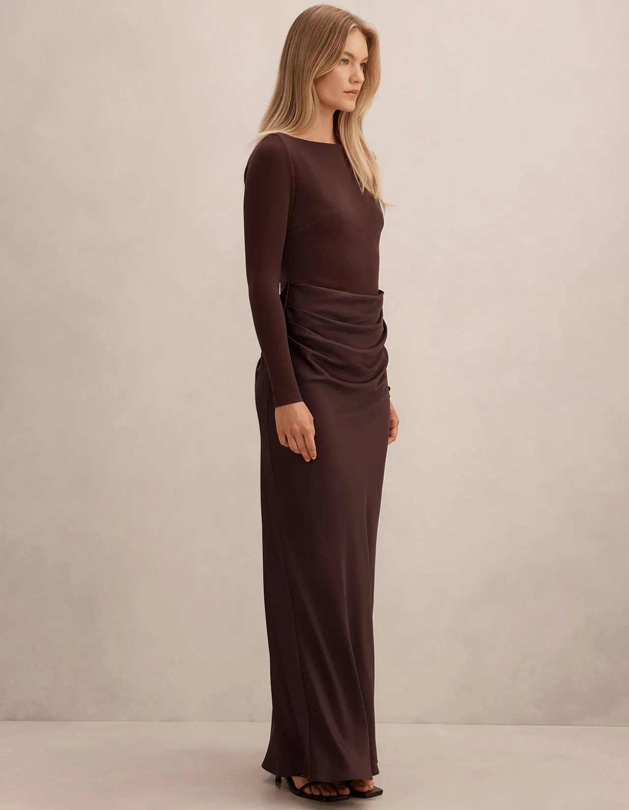 BRIELLA BOAT NECK DRAPE MAXI DRESS