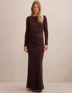 BRIELLA BOAT NECK DRAPE MAXI DRESS