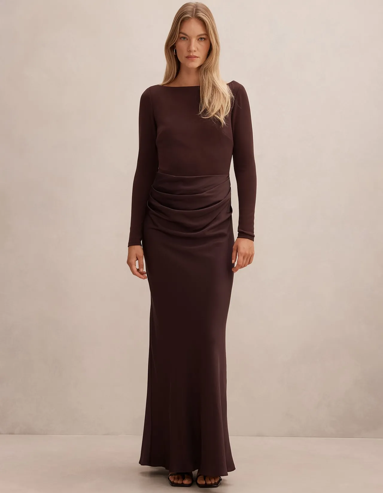 BRIELLA BOAT NECK DRAPE MAXI DRESS