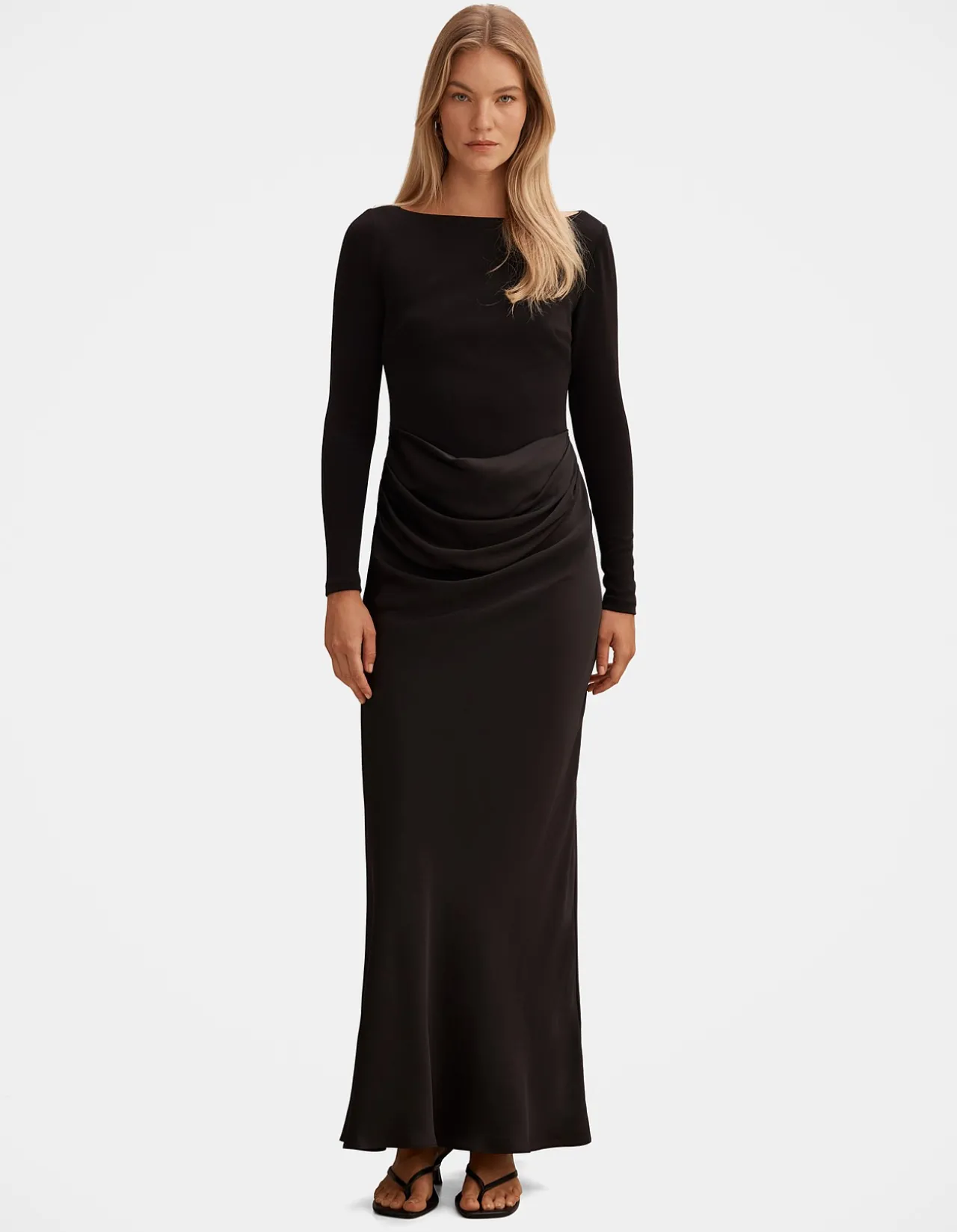 BRIELLA BOAT NECK DRAPE MAXI DRESS