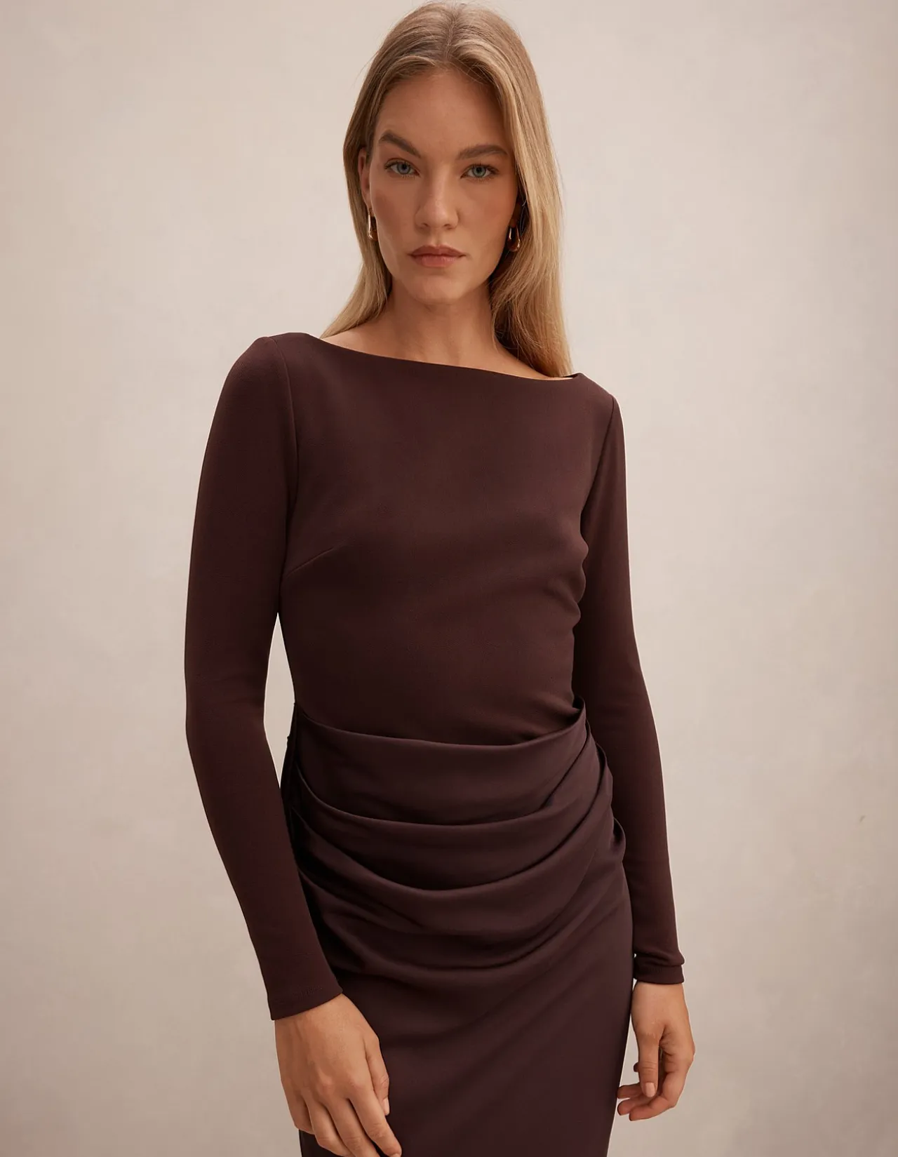 BRIELLA BOAT NECK DRAPE MAXI DRESS