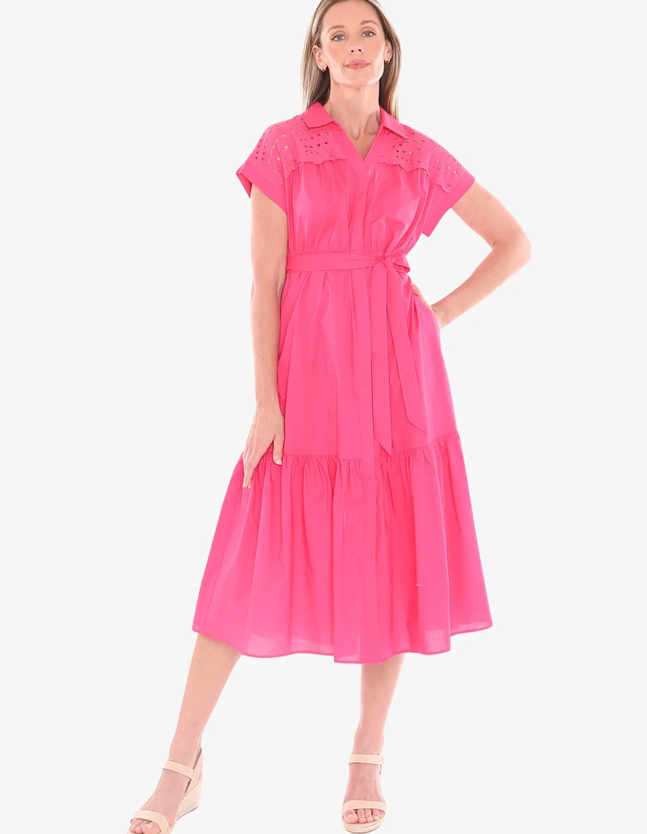 Broderie Yoke Tie Waist Midi Dress