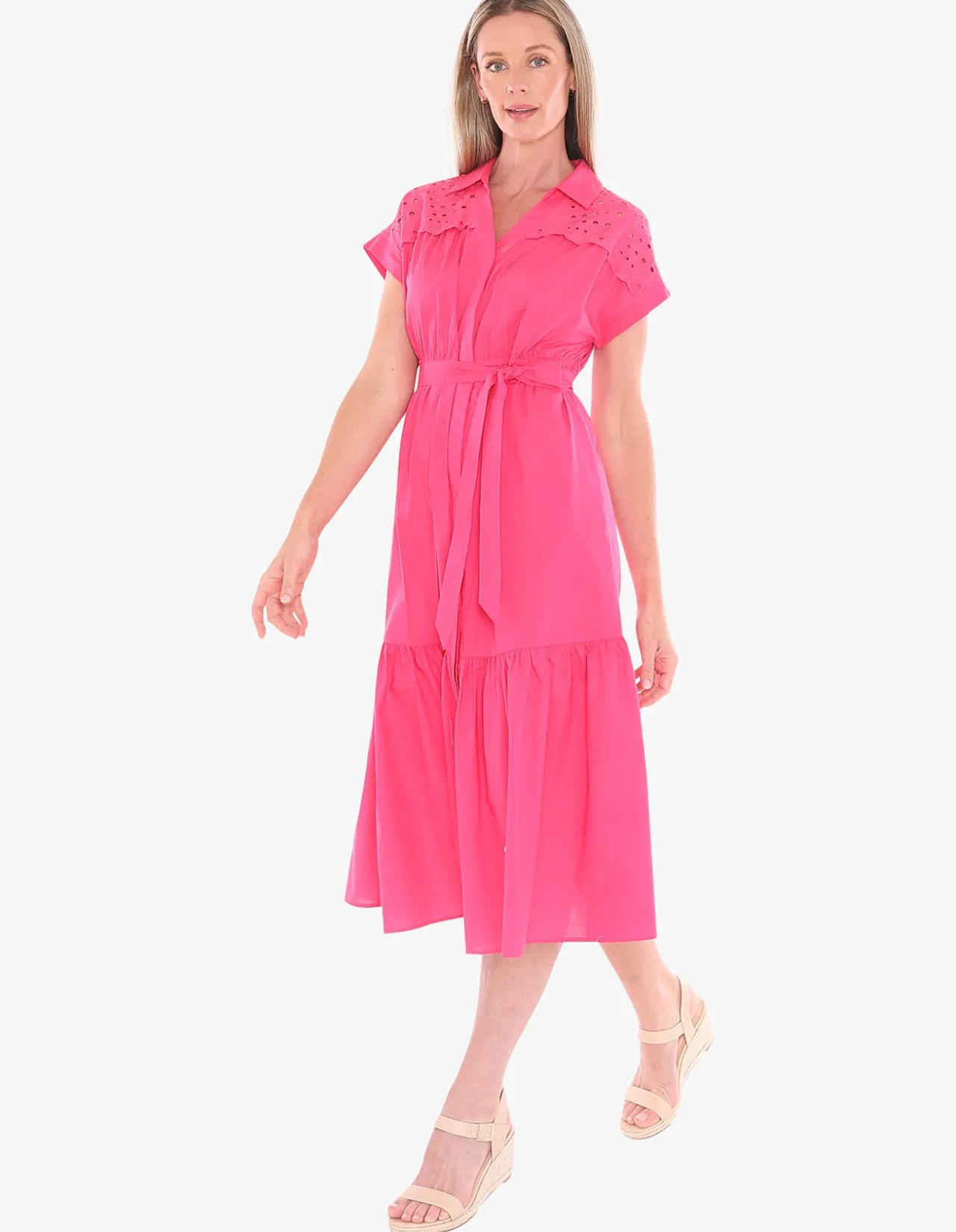 Broderie Yoke Tie Waist Midi Dress