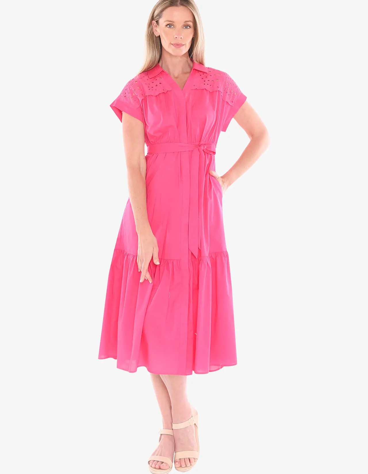 Broderie Yoke Tie Waist Midi Dress