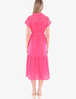 Broderie Yoke Tie Waist Midi Dress