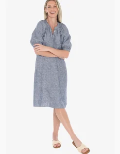 Button Neck Linen Puff Sleeve Midi Dress