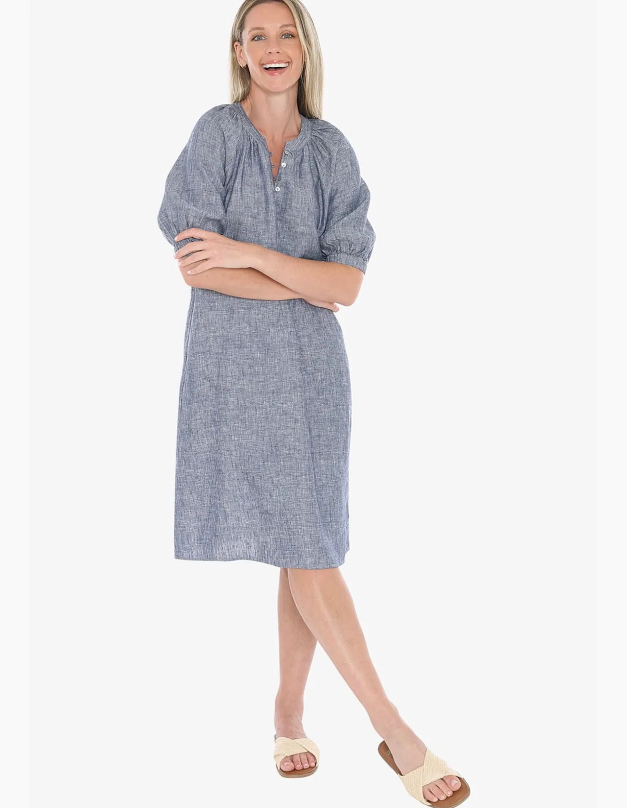 Button Neck Linen Puff Sleeve Midi Dress