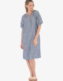 Button Neck Linen Puff Sleeve Midi Dress