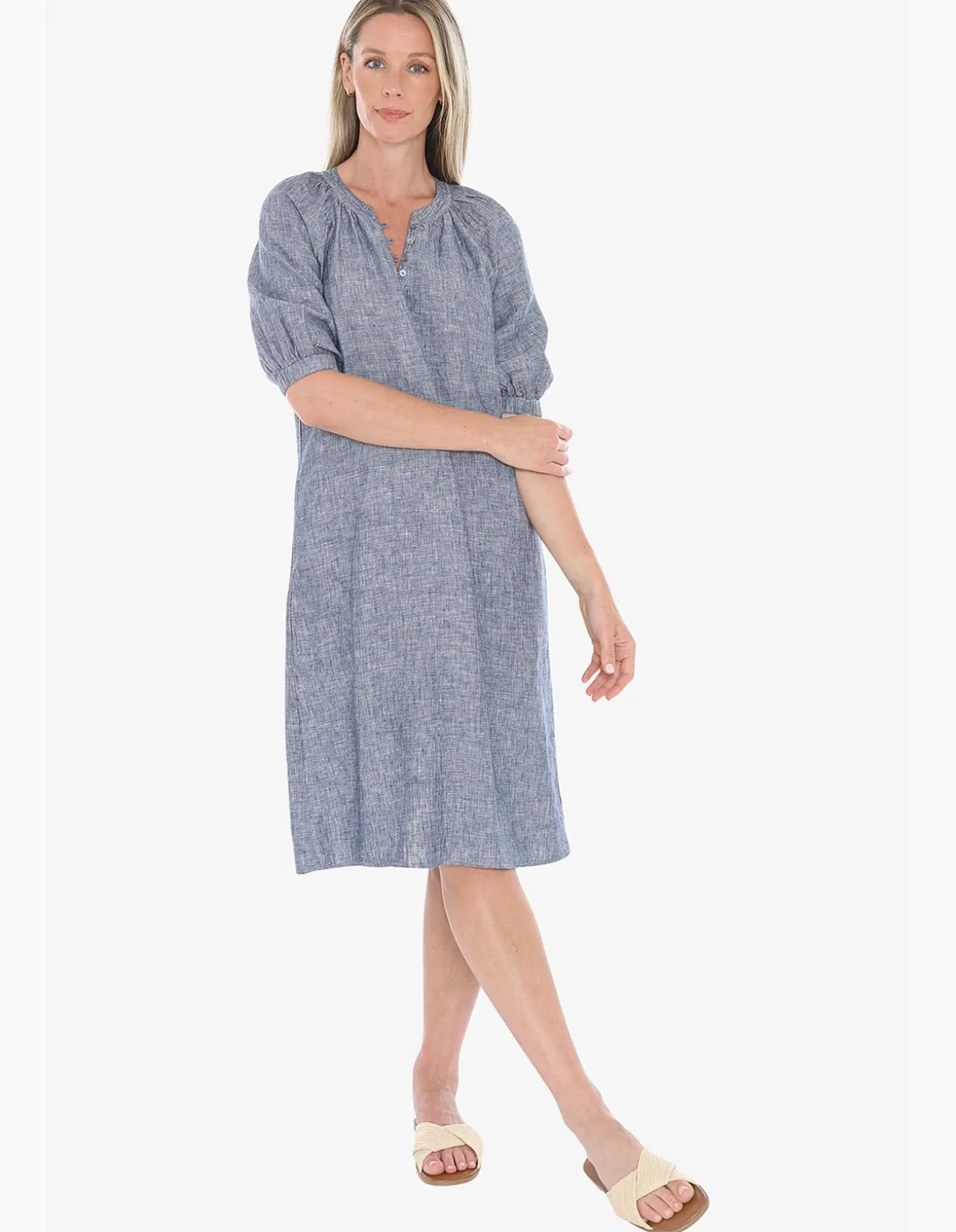 Button Neck Linen Puff Sleeve Midi Dress