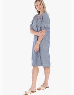 Button Neck Linen Puff Sleeve Midi Dress