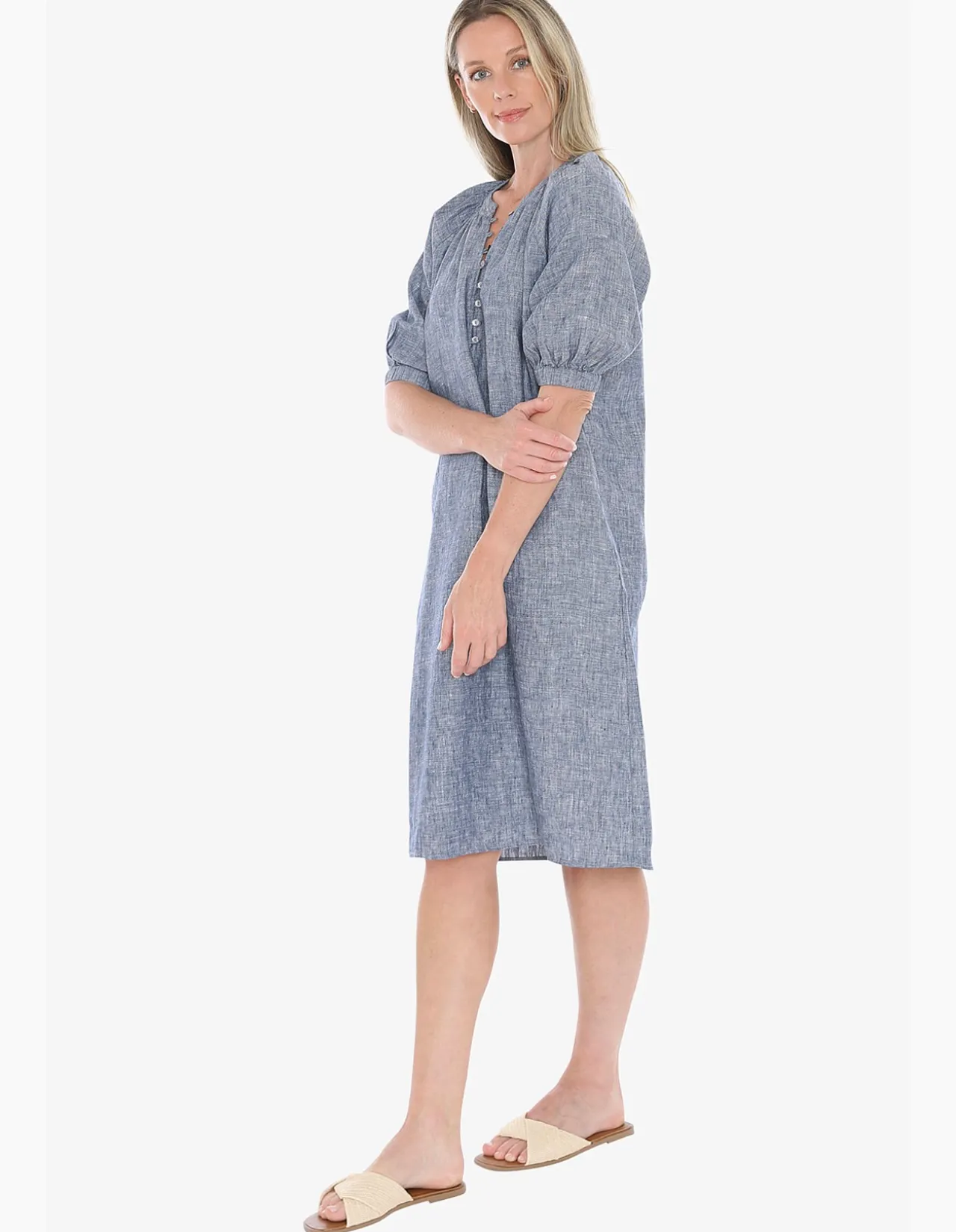 Button Neck Linen Puff Sleeve Midi Dress