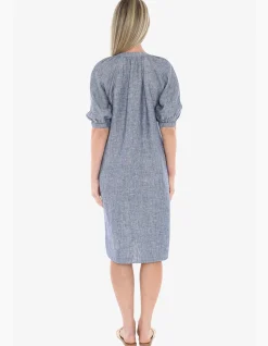 Button Neck Linen Puff Sleeve Midi Dress