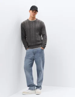 Cable Crew Knit: Textured Timeless Cotton Cashmere Wool Blend with Classic Rope Design