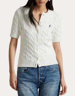 CABLE-KNIT COTTON SHORT-SLEEVE CARDIGAN