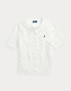 CABLE-KNIT COTTON SHORT-SLEEVE CARDIGAN