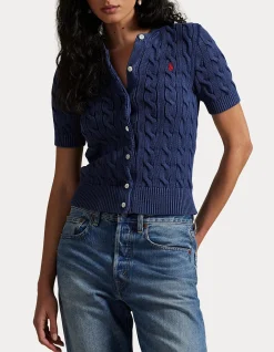 CABLE-KNIT COTTON SHORT-SLEEVE CARDIGAN