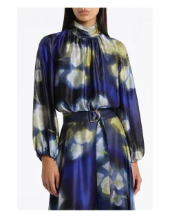 CALLA LILY SILK VISCOSE GATHERED SLEEVE DRESS