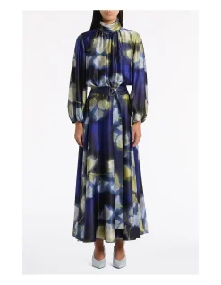CALLA LILY SILK VISCOSE GATHERED SLEEVE DRESS