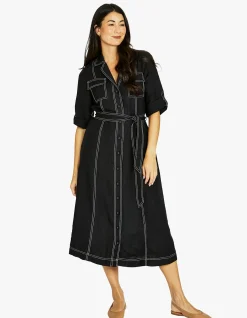 Contrast Stitch Linen Blend Midi Shirt Dress