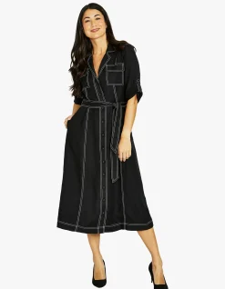 Contrast Stitch Linen Blend Midi Shirt Dress