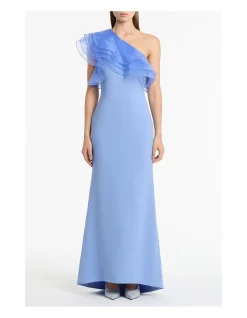 CORNFLOWER CREPE ONE SHOULDER ORGANZA RUFFLE GOWN