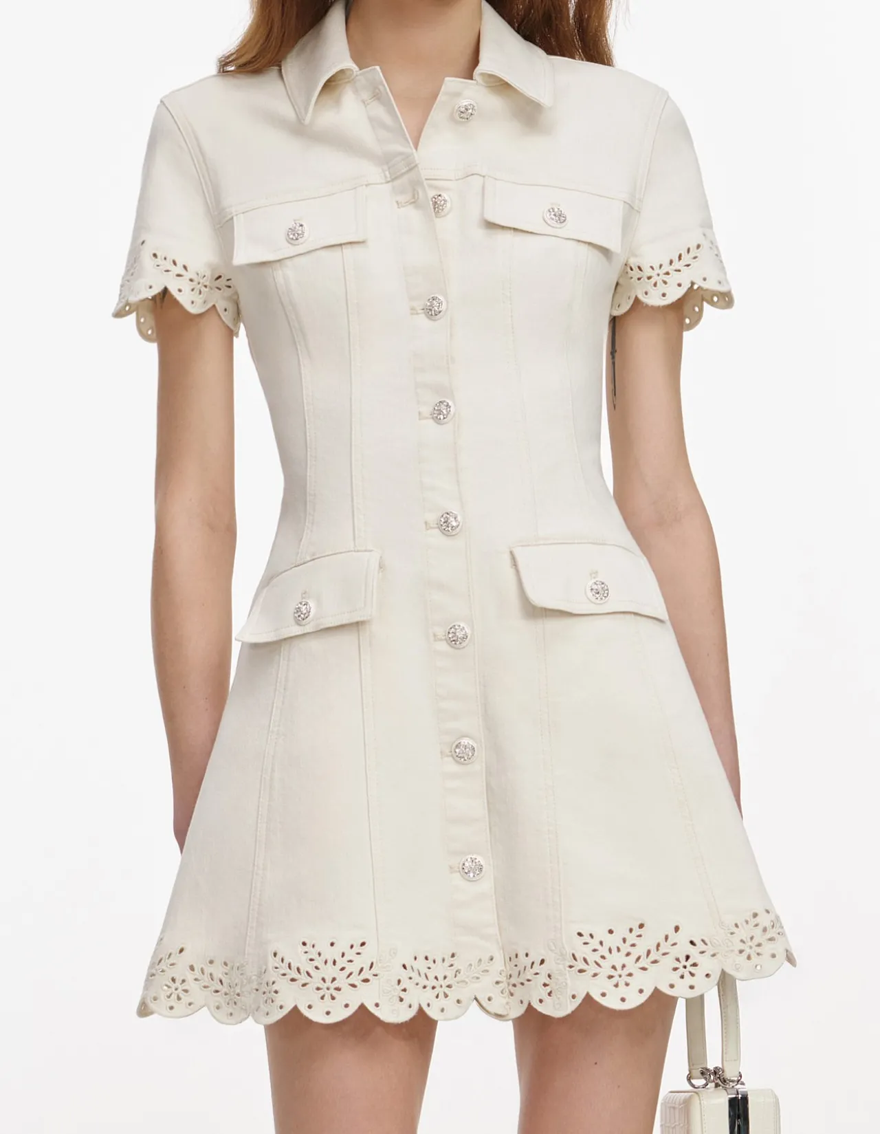 CREAM BRODERIE DENIM MINI DRESS