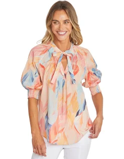 Cressida Abstract Leaf Tie Neck Puff Sleeve Top